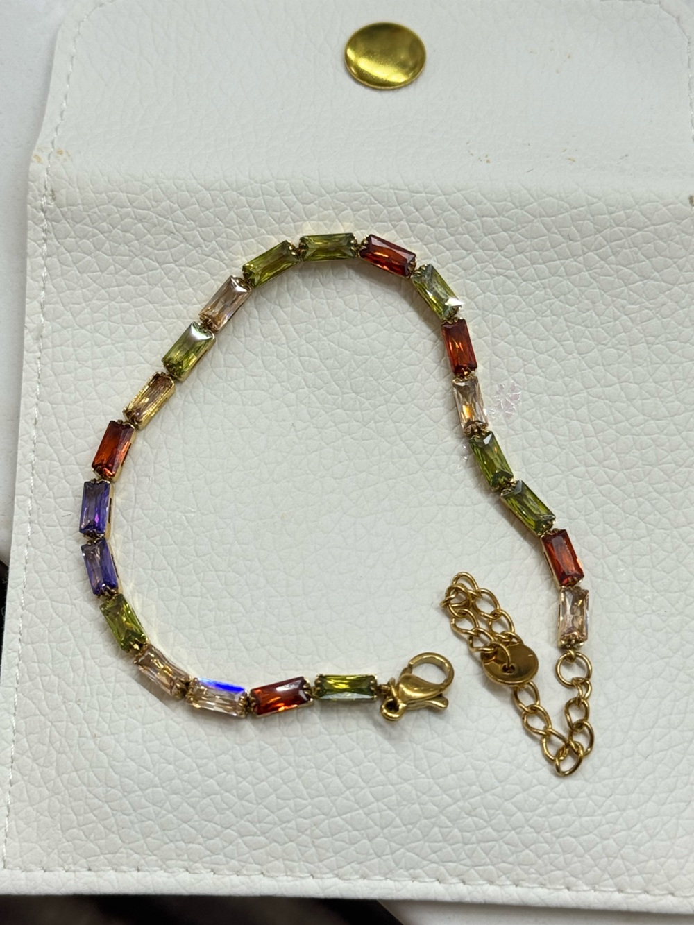 Multicolor Rectangular Crystal Tennis Bracelet - Gold Tone